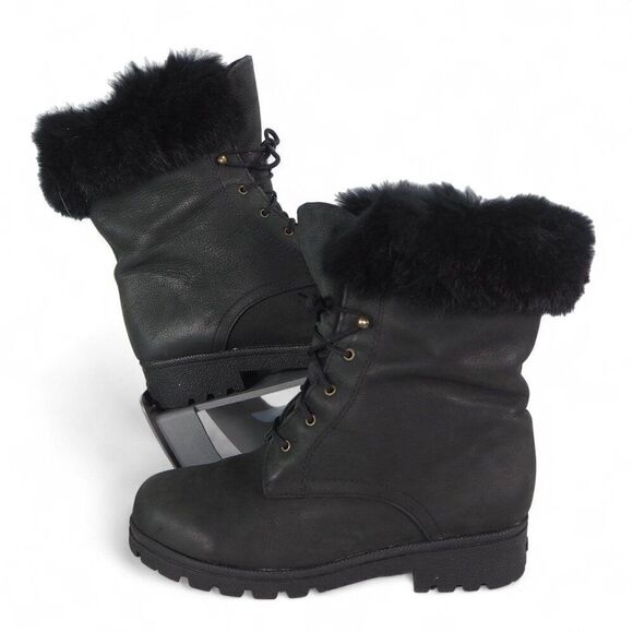 Sorel Lace-up Leather w/ Fur Trim Winter Boots Made in Canada Black Women's 8.5M - Picture 1 of 11